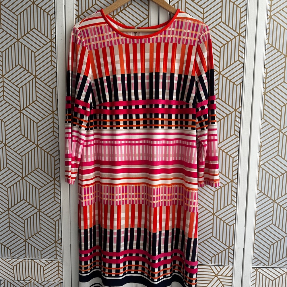 Eliza J Red and Pink Sheath Dress with Cuffed 3/4 Sleeves